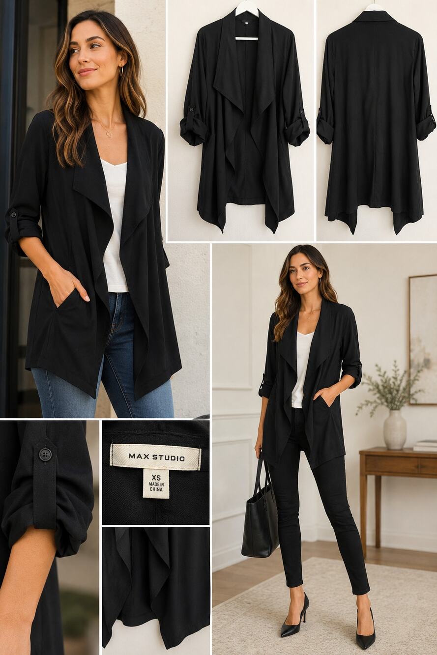 Max Studio Black Open Front Waterfall Cardigan Jacket XS Roll Tab Sleeves